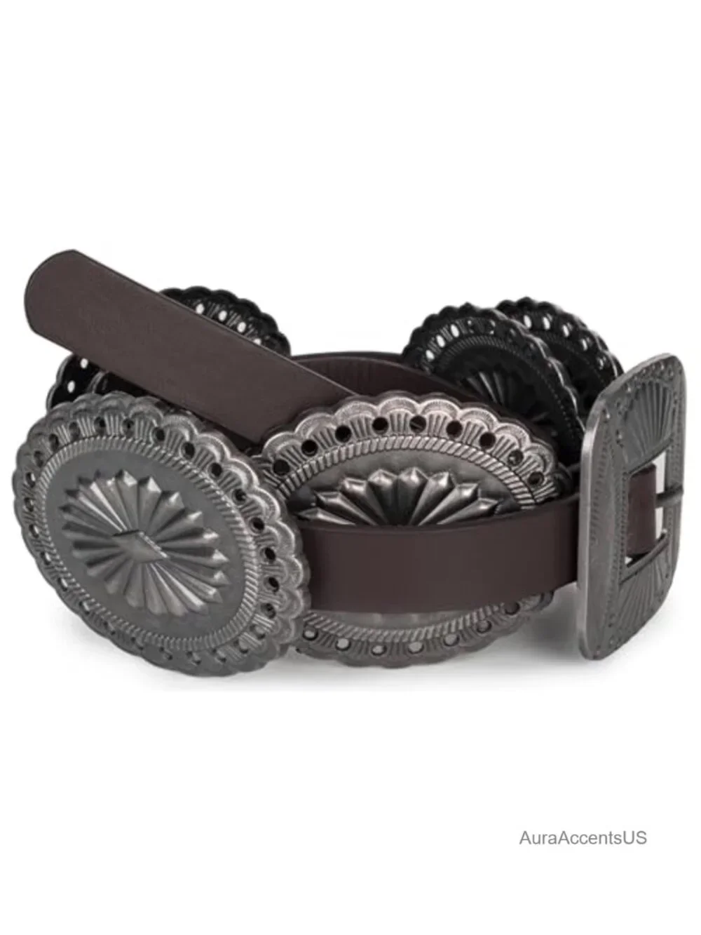 Western Concho Boho PU Leather Belt with Vintage Silver Buckle for Jeans Dresses